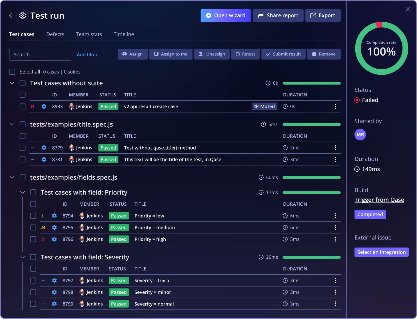 Qase Screenshot: Pytest code snippet
